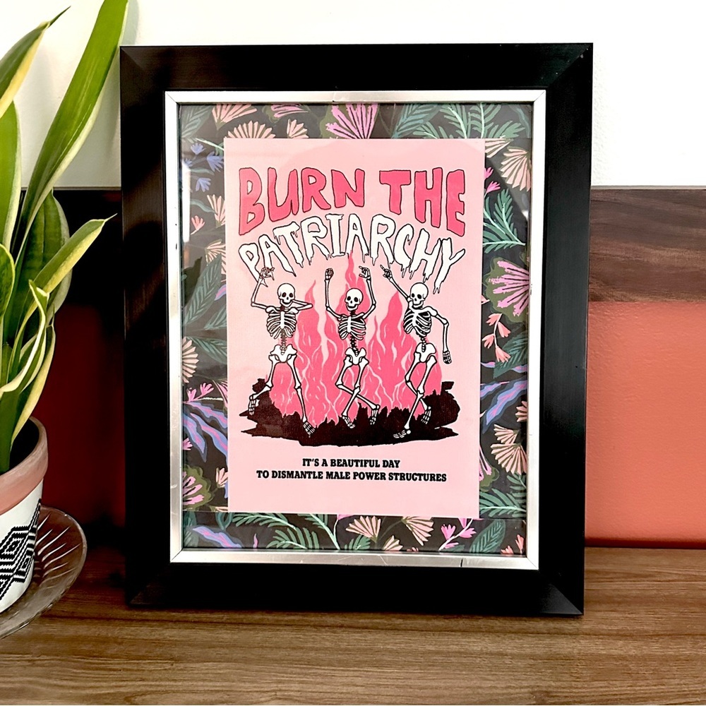 Burn the Patriarchy Skeleton Fire Pink Moody Floral Canvas Art Print Framed Art
